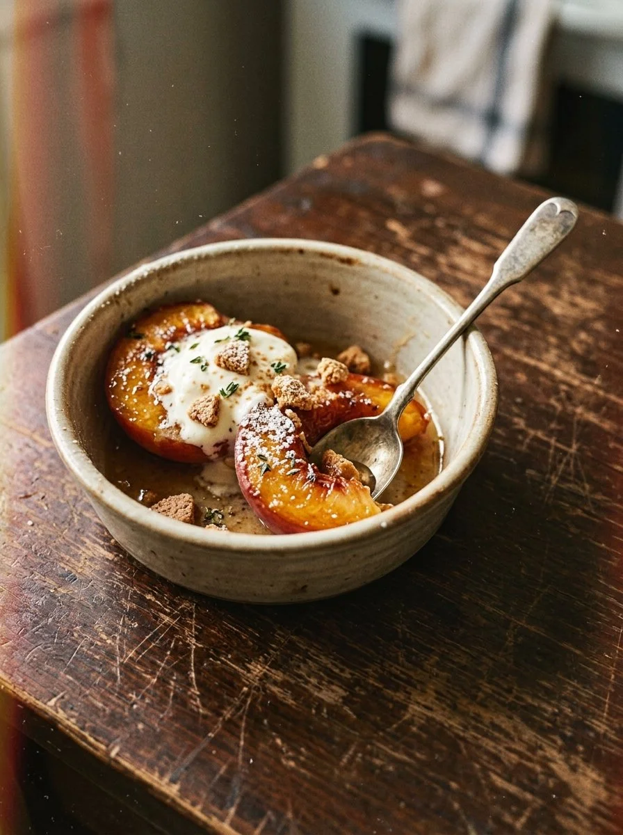 Delicious baked peaches with cinnamon and vanilla ice cream on top