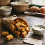 Baked sweet potato zucchini tots served on a plate with dipping sauce