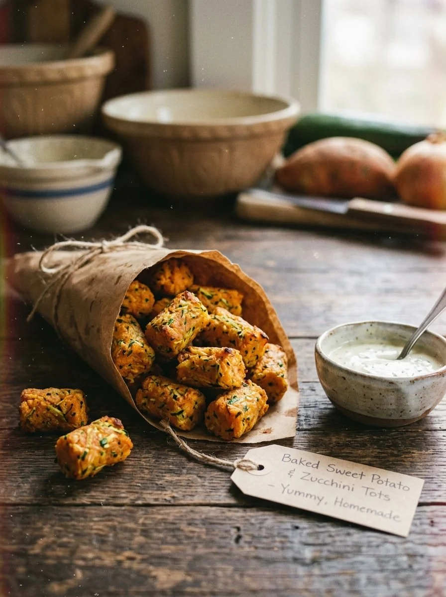 Baked sweet potato zucchini tots served on a plate with dipping sauce