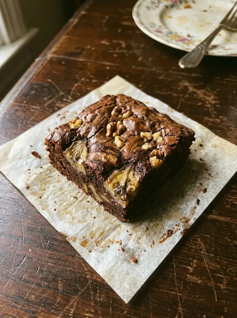 Delicious banana bread brownies topped with nuts and chocolate chips.