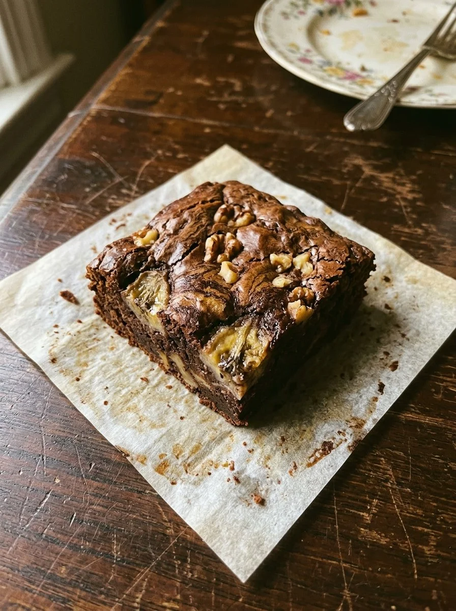 Delicious banana bread brownies topped with nuts and chocolate chips.