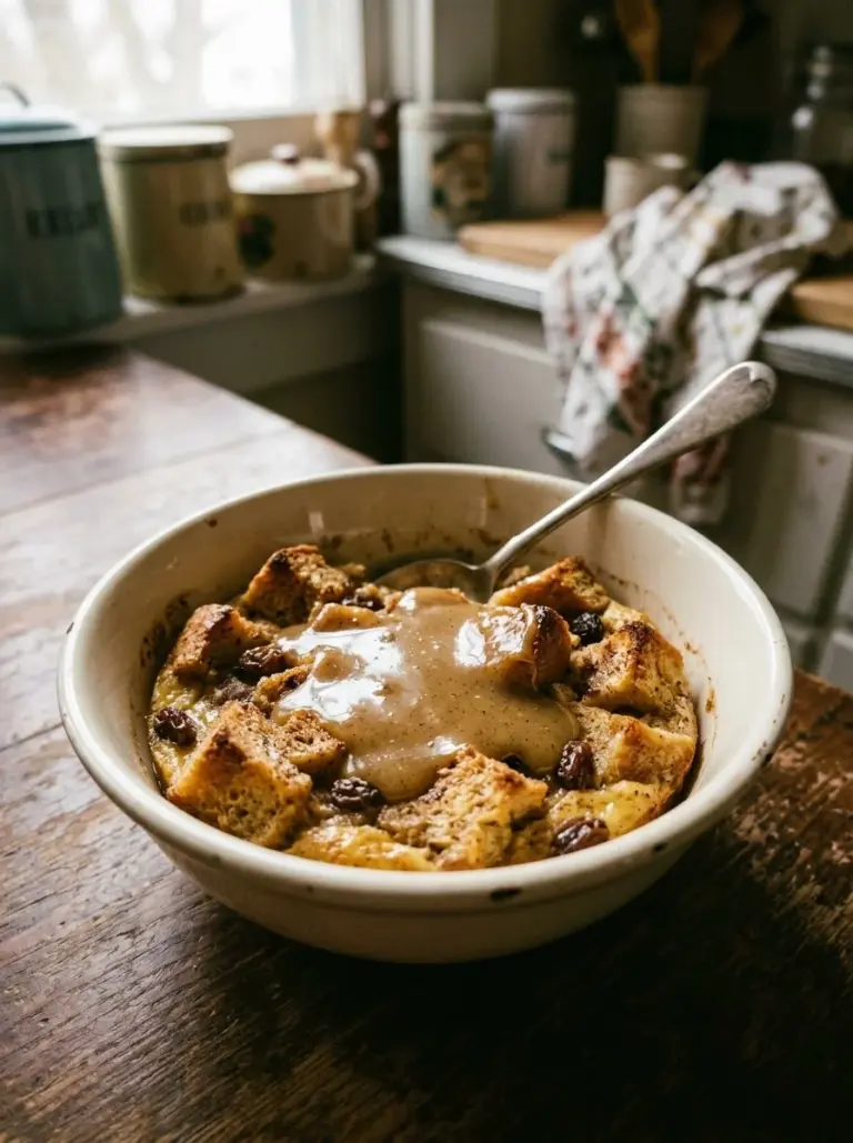 Delicious bread pudding topped with rich vanilla caramel sauce