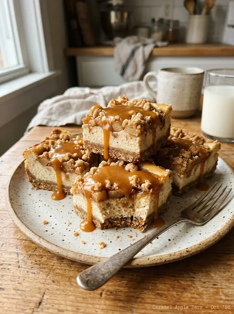 Delicious caramel apple cheesecake bars drizzled with caramel sauce.