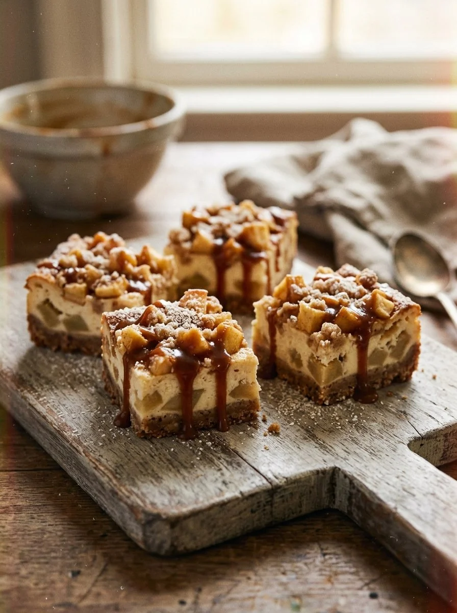 Caramel apple cheesecake bars topped with caramel drizzle and apple slices.
