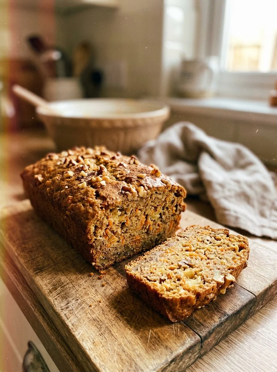 Delicious slice of Carrot Pineapple Banana Bread on a wooden table