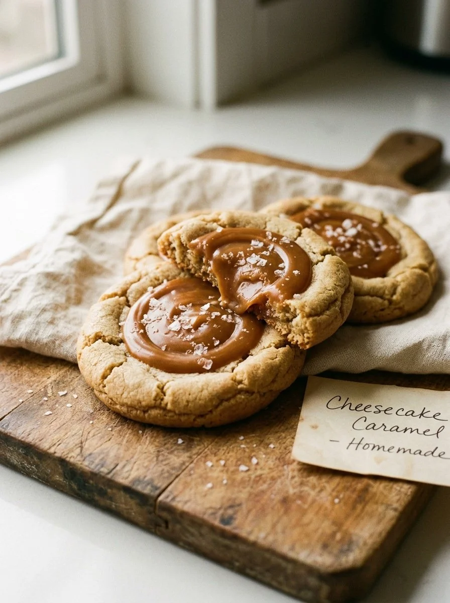 Delicious Cheesecake Caramel Cookies with creamy filling and caramel drizzle