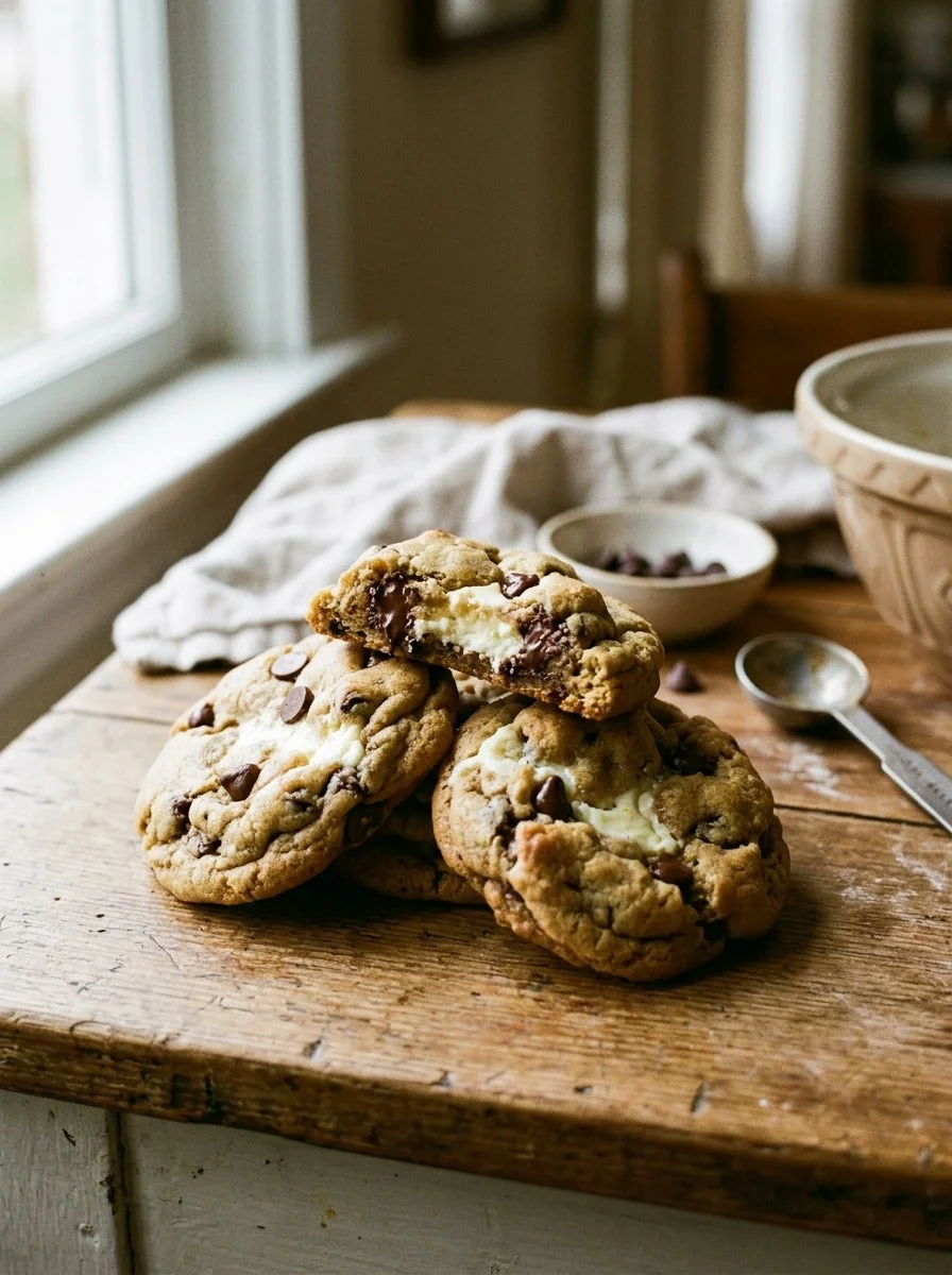 Cheesecake stuffed chocolate chip cookies on a plate