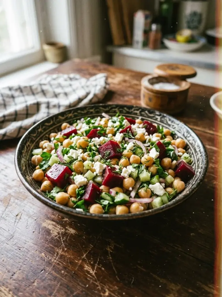Chickpea Beet and Feta Salad with vibrant colors and fresh ingredients
