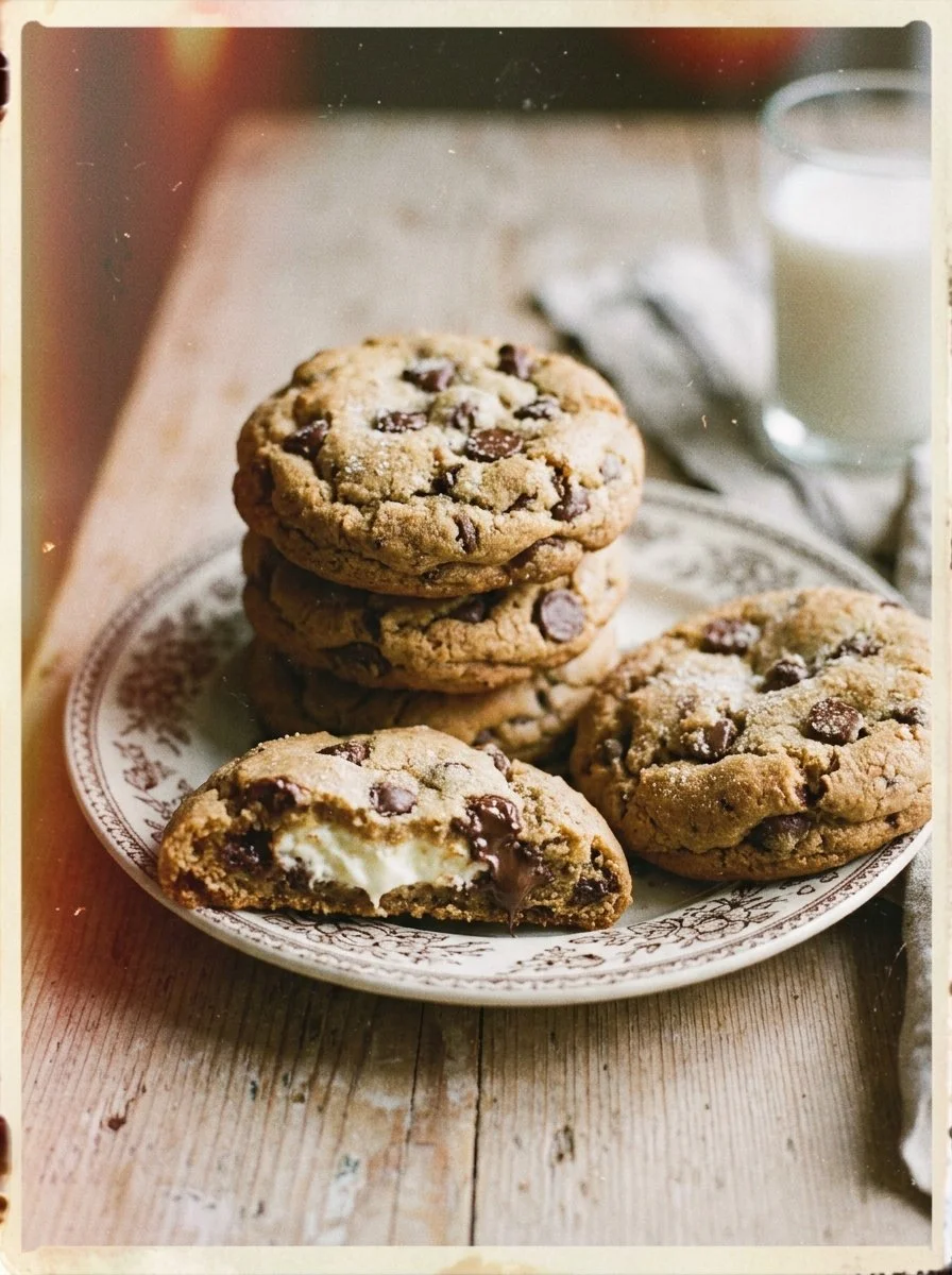 Chocolate chip cheesecake stuffed cookies displaying a delicious dessert treat