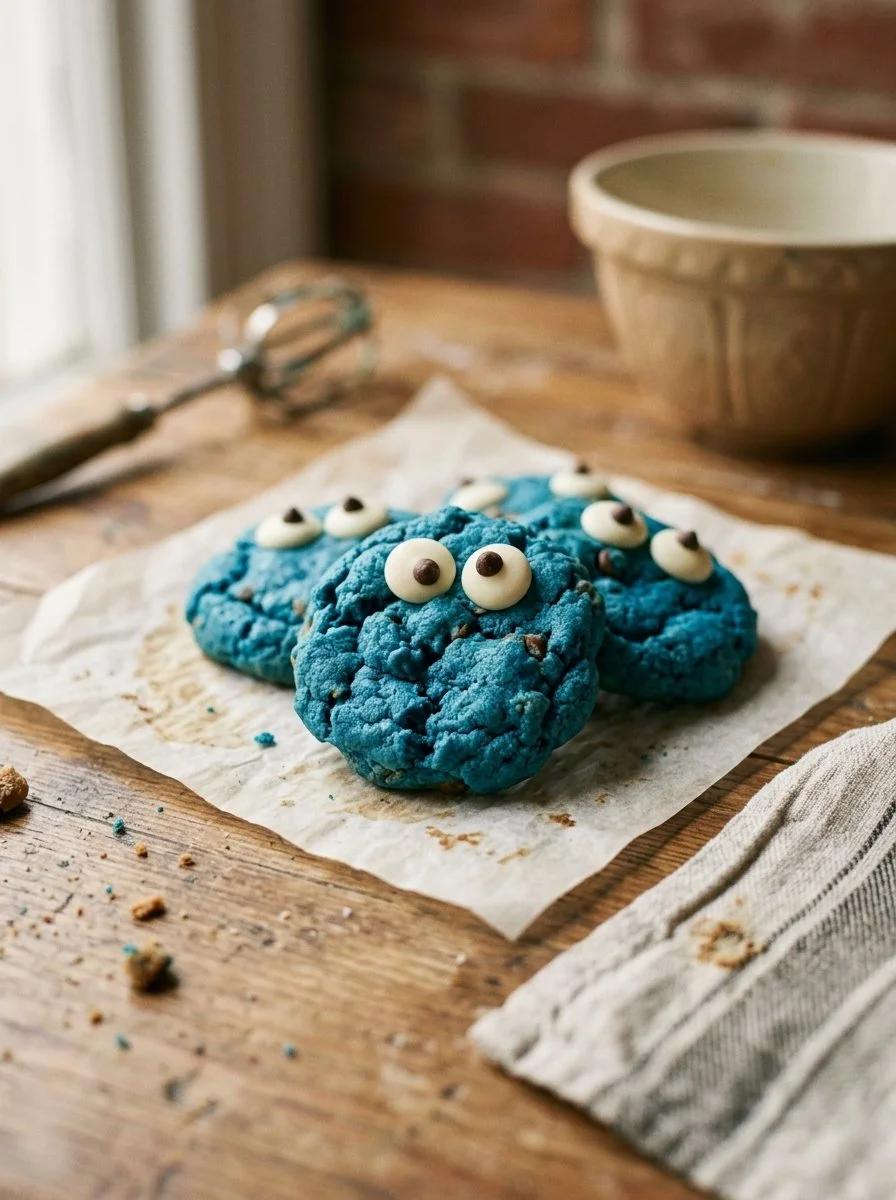 Deliciously colorful Cookie Monster Cookies stacked on a plate.