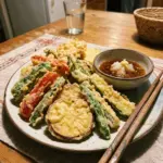 Plate of crispy vegetable tempura with assorted vegetables and dipping sauce