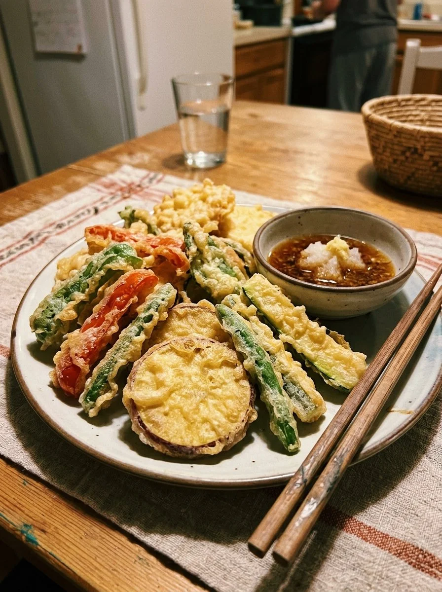 Plate of crispy vegetable tempura with assorted vegetables and dipping sauce