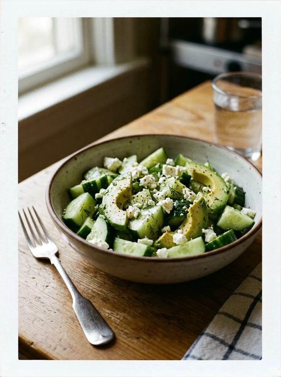 Cucumber Avocado Feta Salad with fresh ingredients in a bowl