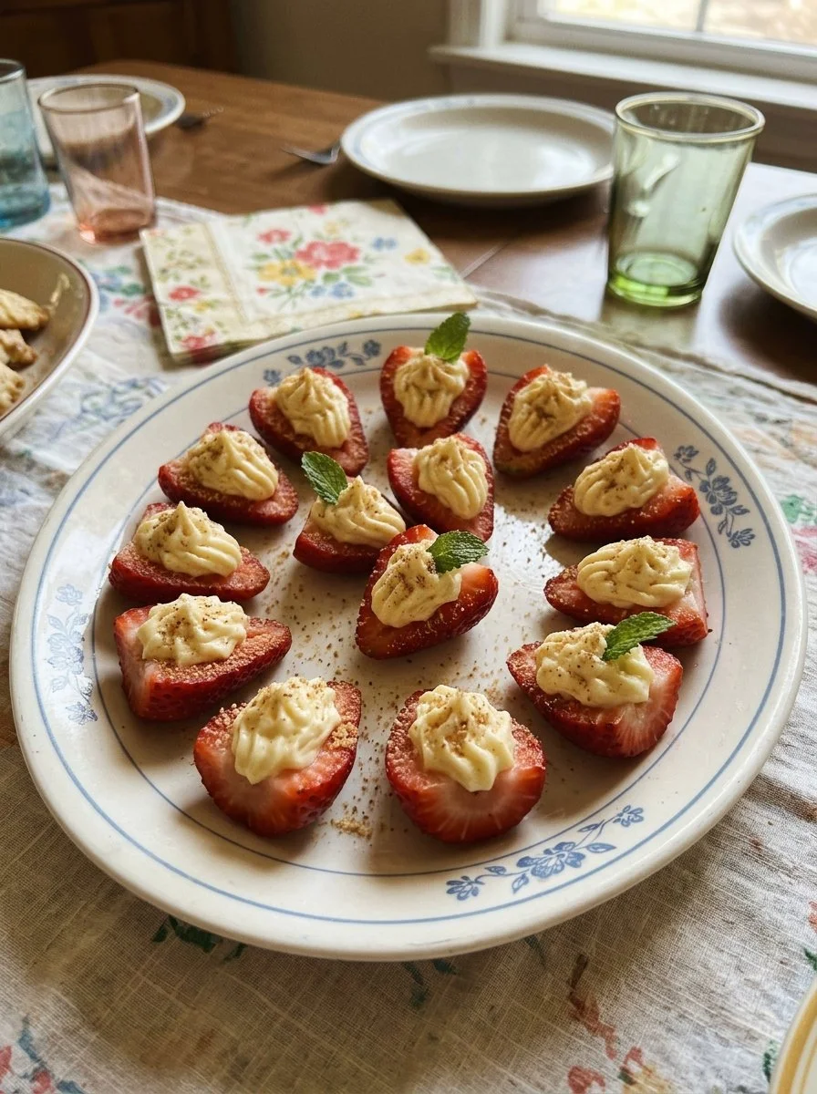 Deviled strawberries served on a platter, perfect for party appetizers.