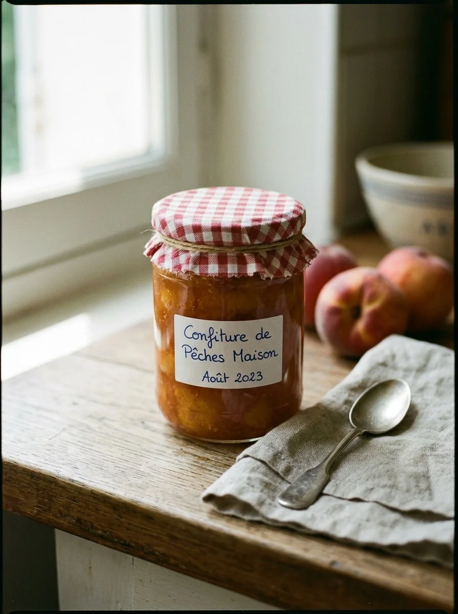 Jar of homemade French peach jam on a wooden table