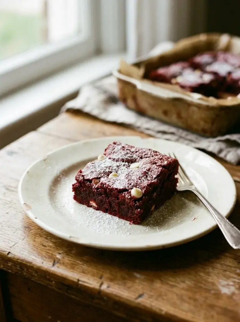 Fudgy red velvet brownies with cream cheese frosting on a white plate.