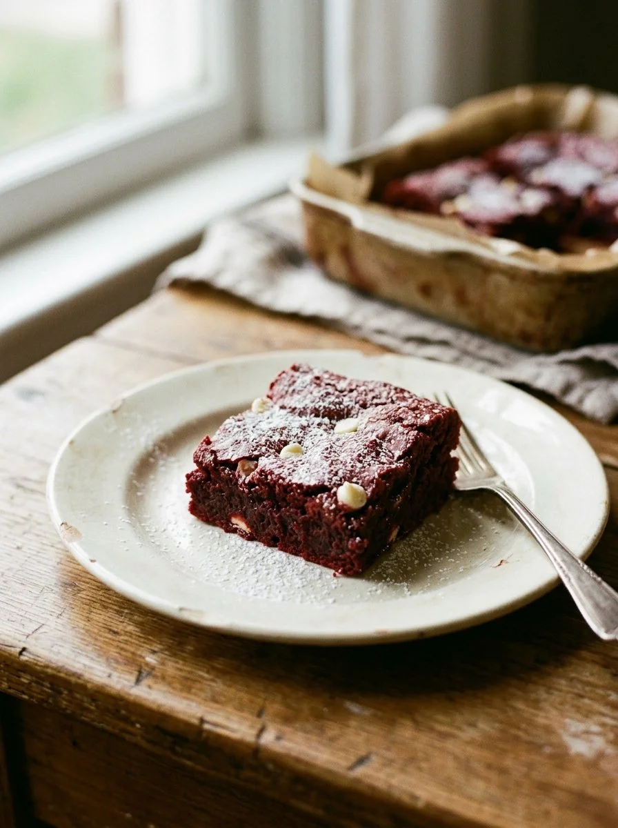 Fudgy red velvet brownies with cream cheese frosting on a white plate.
