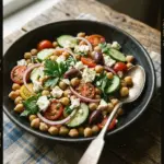 Fresh Greek Chickpea Salad with vegetables, feta, and olives.