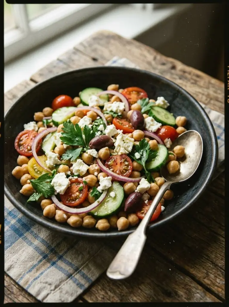 Fresh Greek Chickpea Salad with vegetables, feta, and olives.