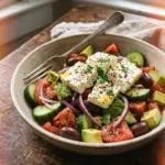Delicious Greek salad with avocado, feta cheese, cucumbers, and olives
