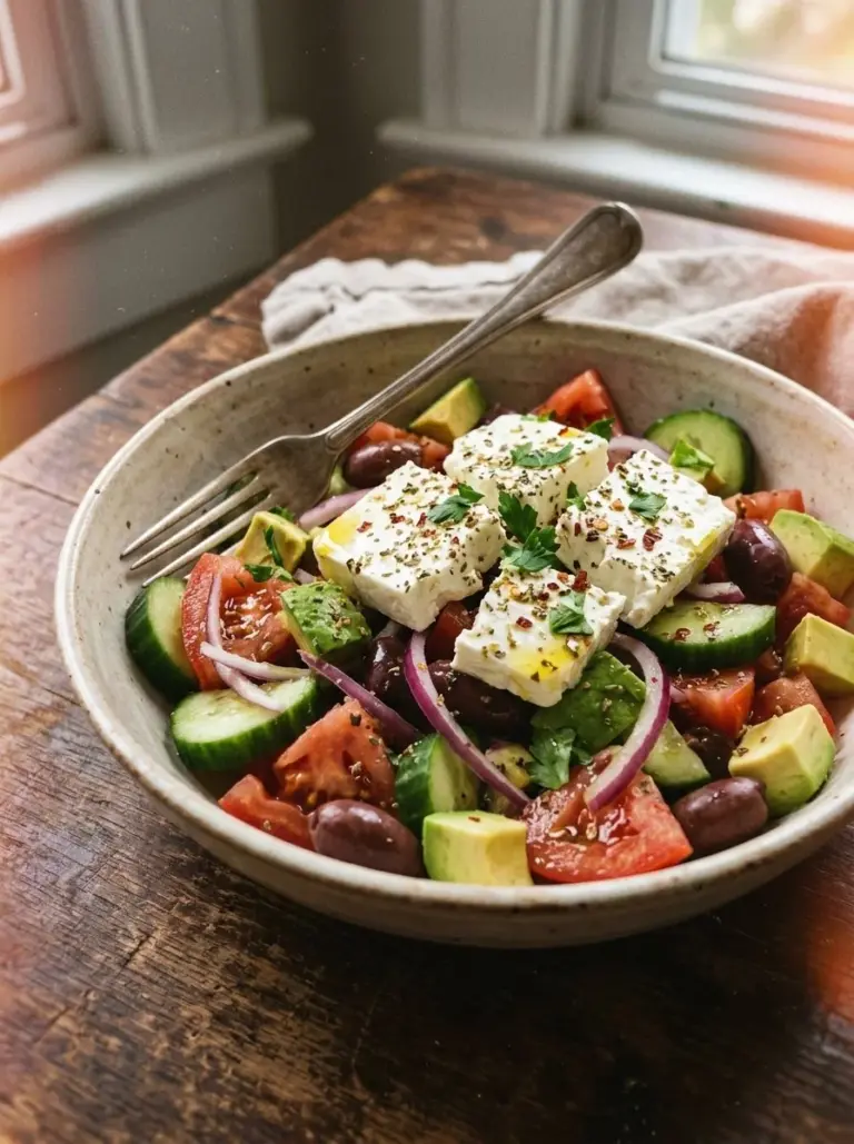Delicious Greek salad with avocado, feta cheese, cucumbers, and olives
