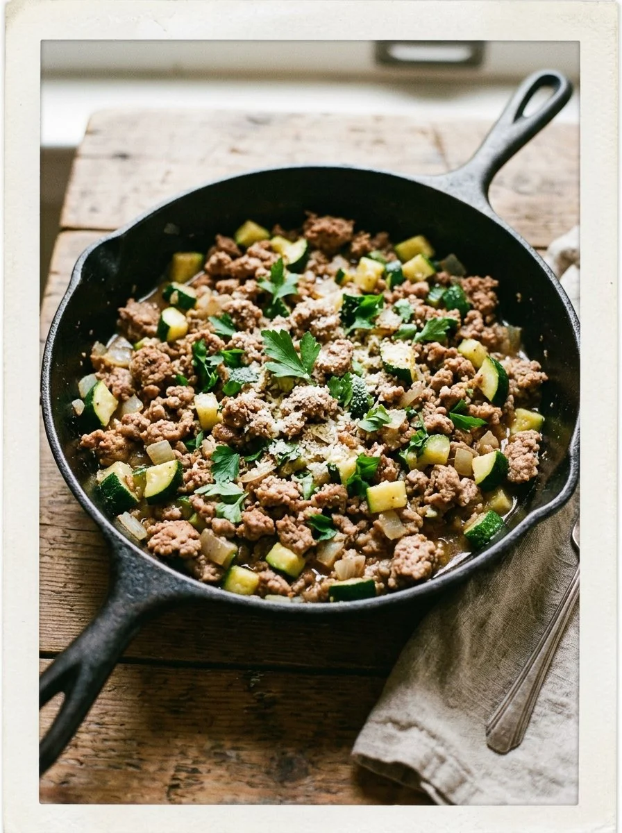 Ground Turkey and Zucchini Skillet garnished with herbs in a frying pan