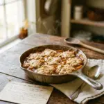 Joanna Gaines peach cobbler dessert served warm with a scoop of ice cream.
