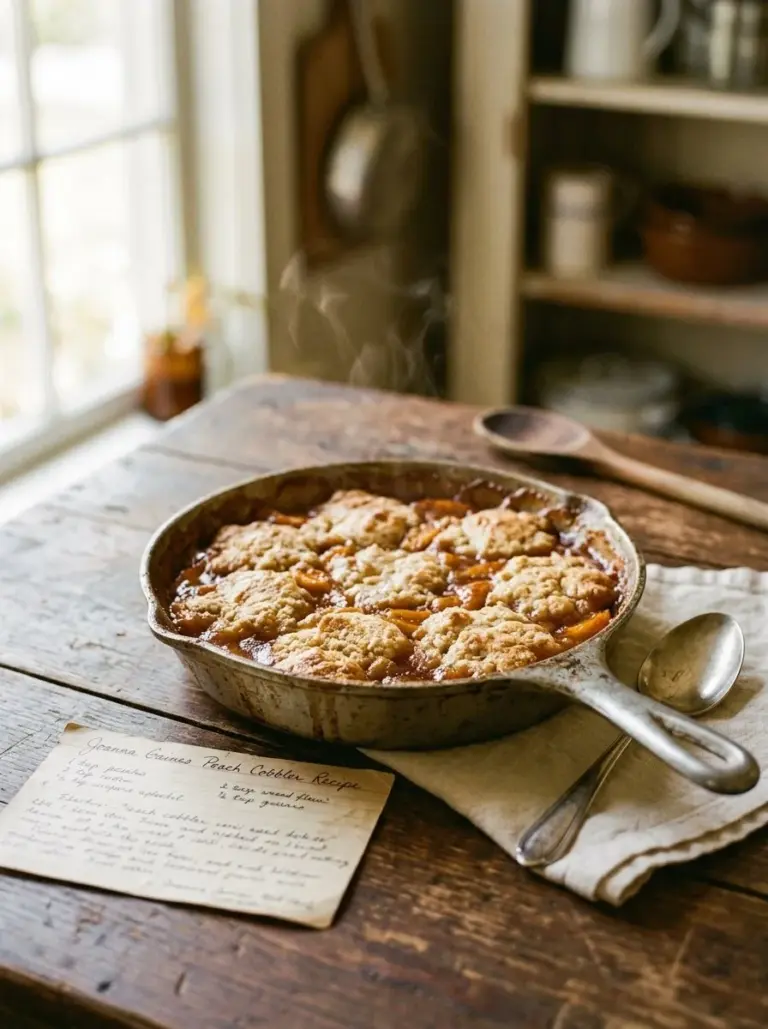 Joanna Gaines peach cobbler dessert served warm with a scoop of ice cream.