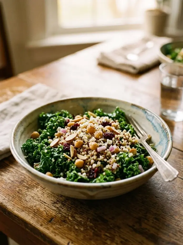 Kale Quinoa Salad with chickpeas and vegetables in a bowl