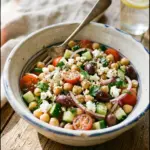 A vibrant Lemon Greek Chickpea Salad with fresh vegetables and a lemon dressing.