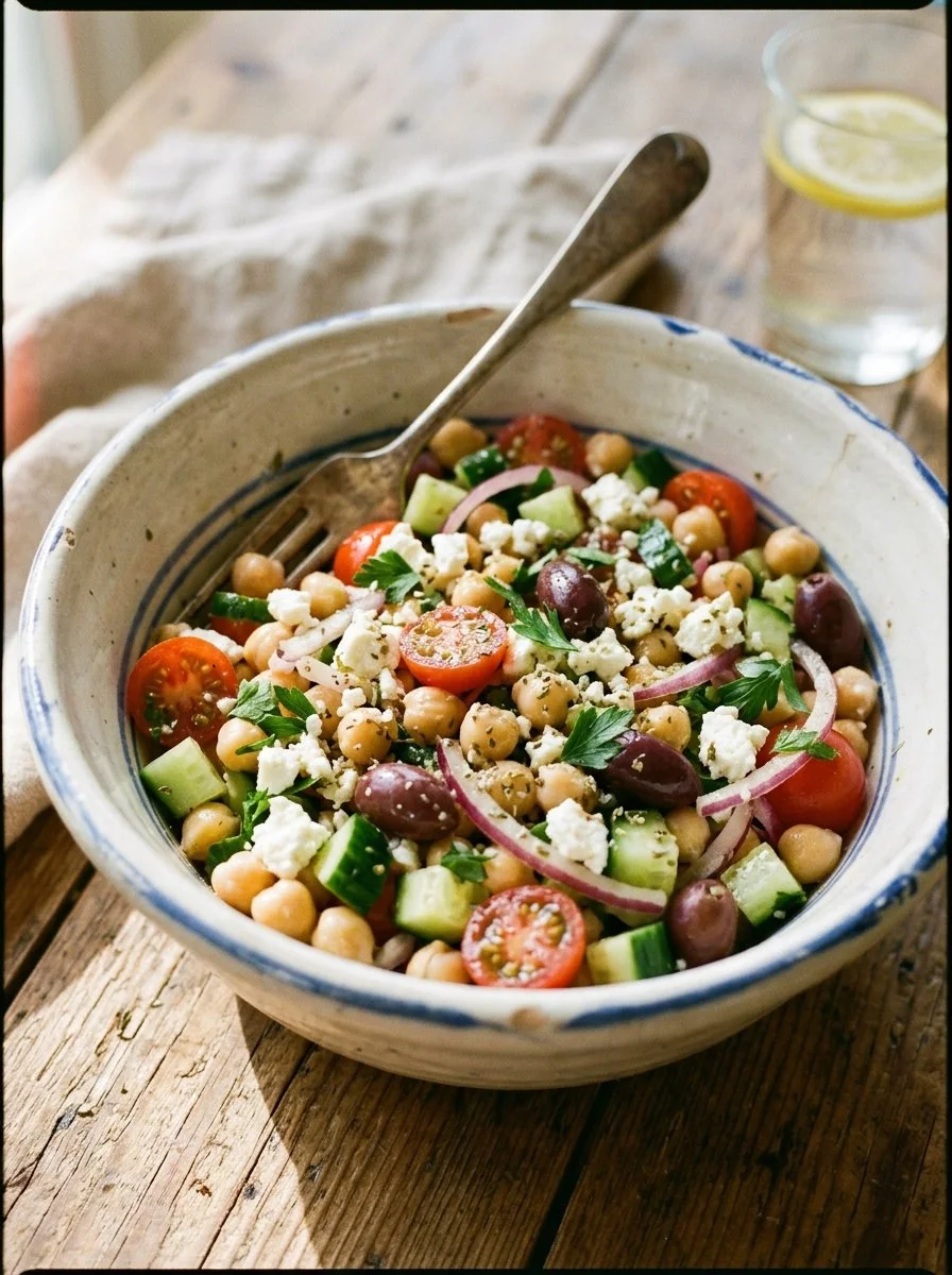 A vibrant Lemon Greek Chickpea Salad with fresh vegetables and a lemon dressing.