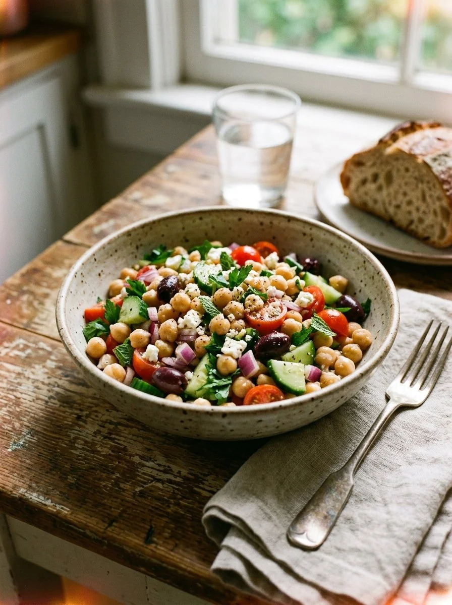 Mediterranean Chickpea Salad with fresh vegetables and dressing