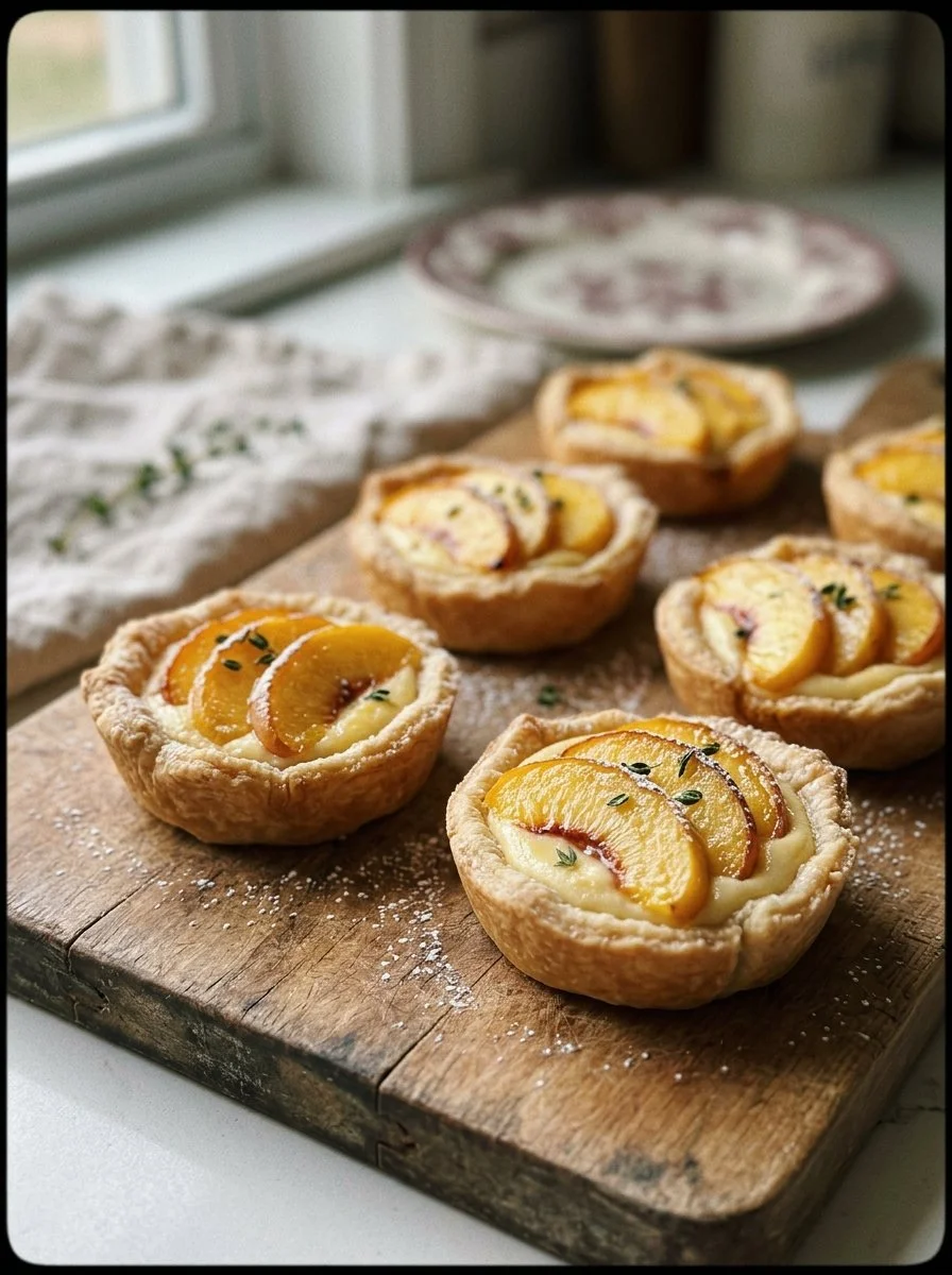 Mini Peach and Cream Cheese Tarts garnished with fresh peach slices