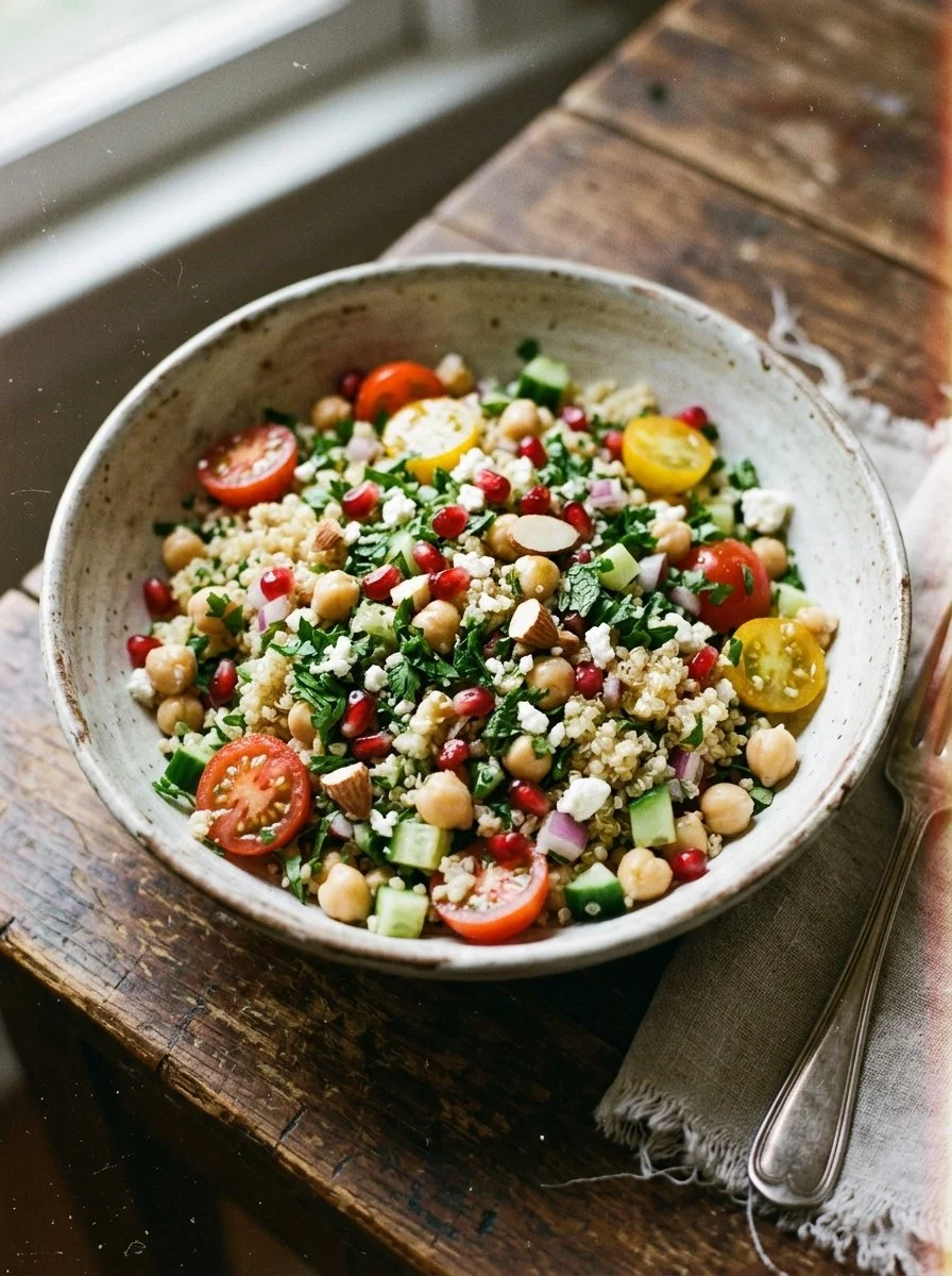 Bowl of Moroccan-Inspired Chickpea Quinoa Salad with fresh herbs and spices