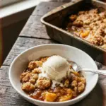 Delicious homemade peach cobbler served in a dish with a golden crust