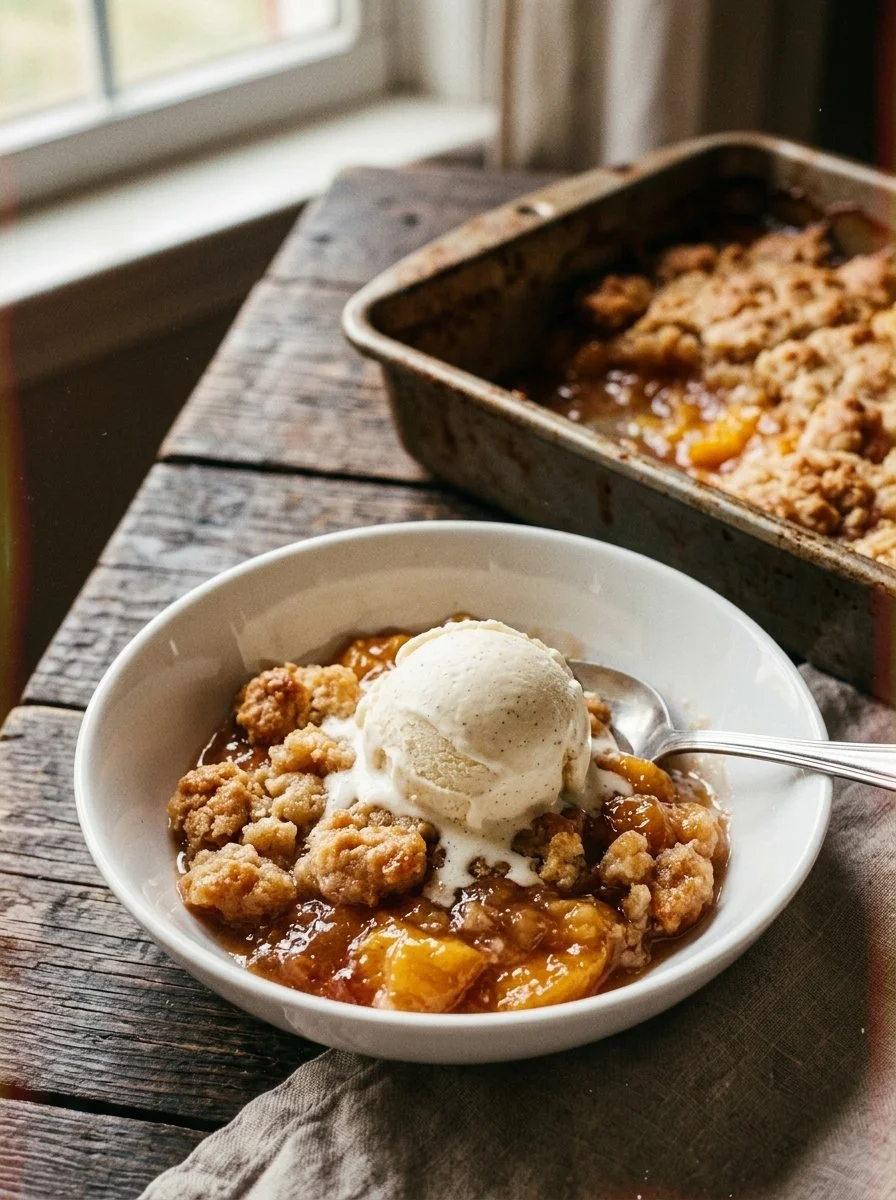 Delicious homemade peach cobbler served in a dish with a golden crust