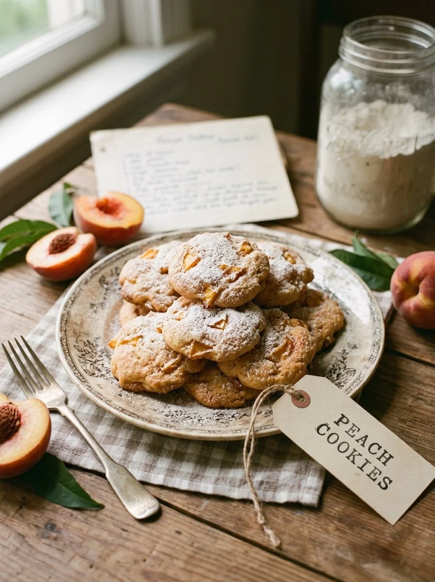 Freshly baked peach cookies with chunks of ripe peaches on a cooling rack.