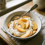 Bowl of Peaches and Cream dessert with fresh peaches and whipped cream