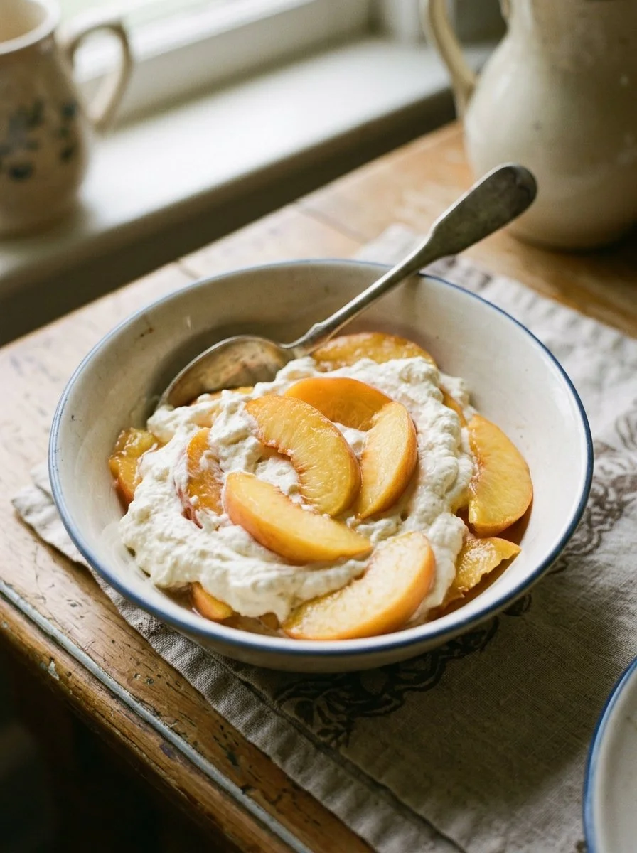 Bowl of Peaches and Cream dessert with fresh peaches and whipped cream