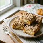 Peaches and Cream Crumble Bars with fresh peach slices and crumb topping
