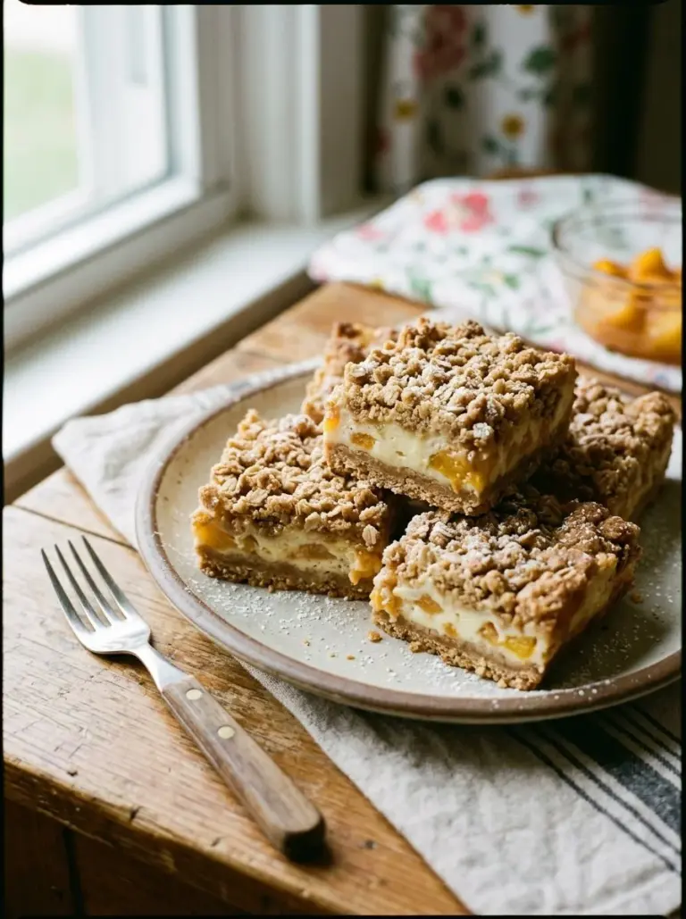 Peaches and Cream Crumble Bars with fresh peach slices and crumb topping