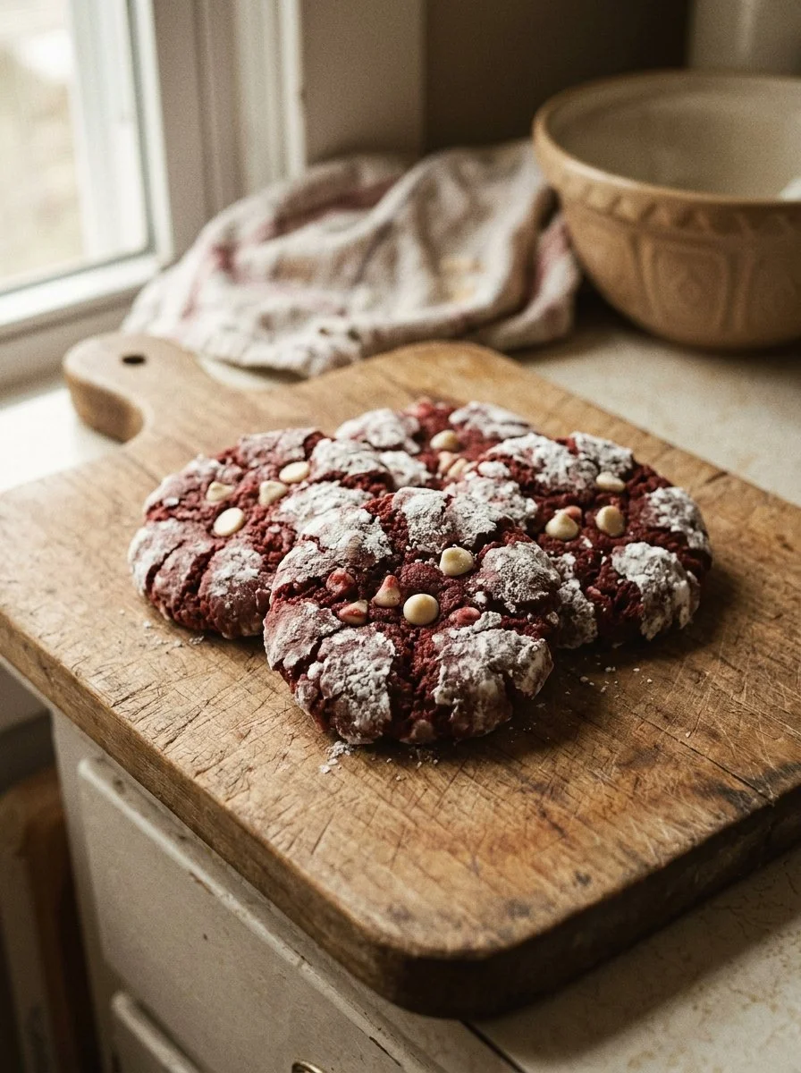 Freshly baked Red Velvet Cookies with cream cheese frosting on a plate
