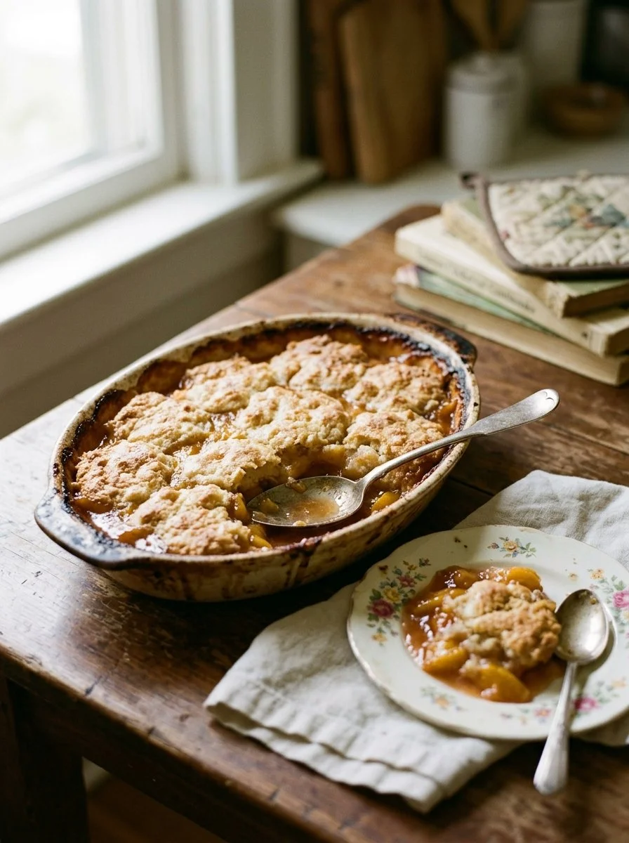 Homemade Southern peach cobbler with fresh peaches and a golden crust