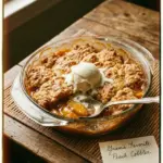 Delicious Southern peach cobbler served warm with a golden crust and fresh peaches.