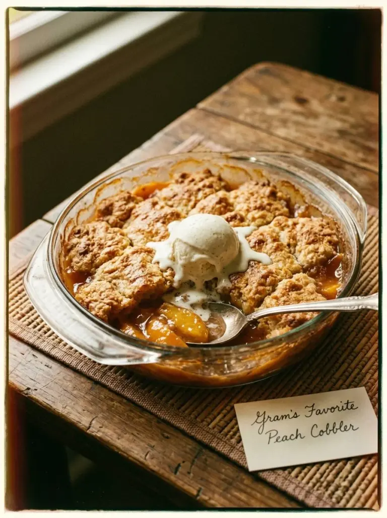 Delicious Southern peach cobbler served warm with a golden crust and fresh peaches.