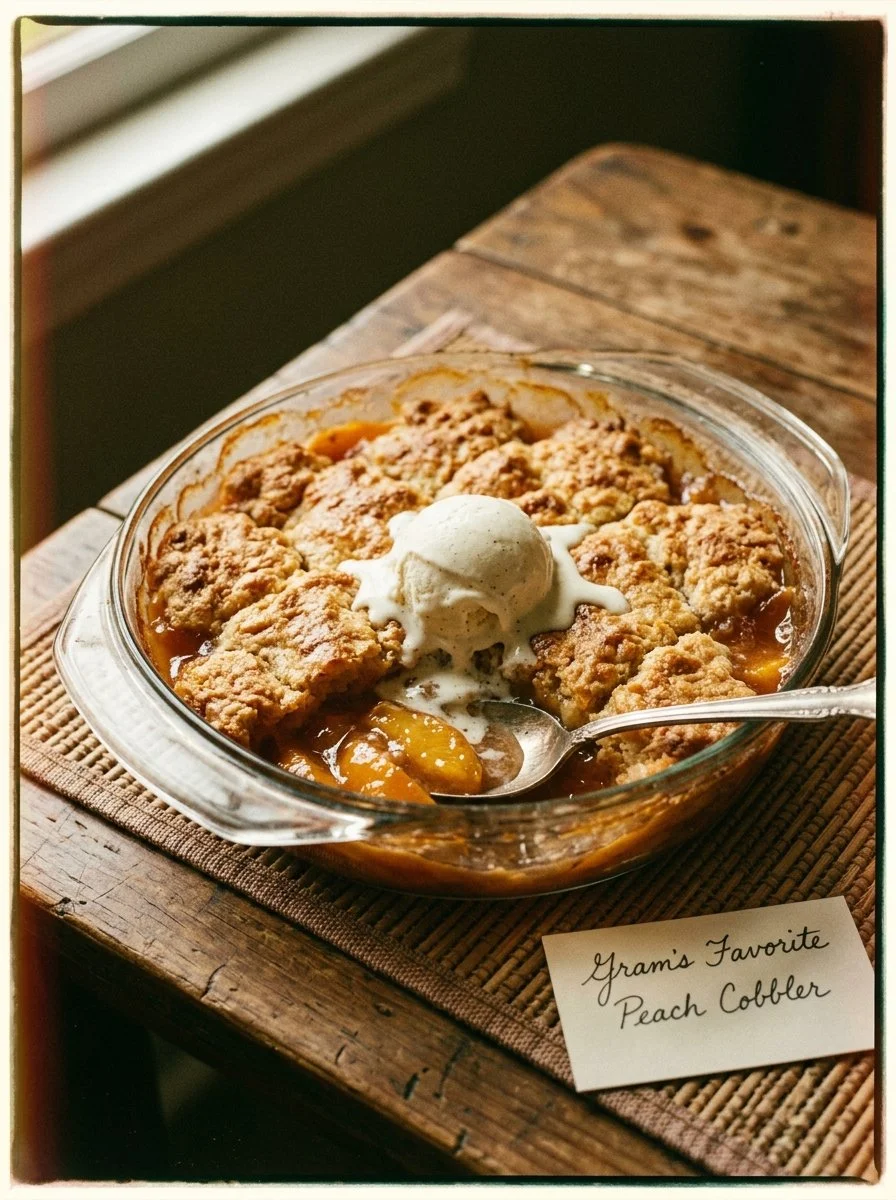 Delicious Southern peach cobbler served warm with a golden crust and fresh peaches.