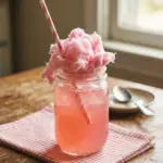 Sparkling pink lemonade served with cotton candy garnish in a glass