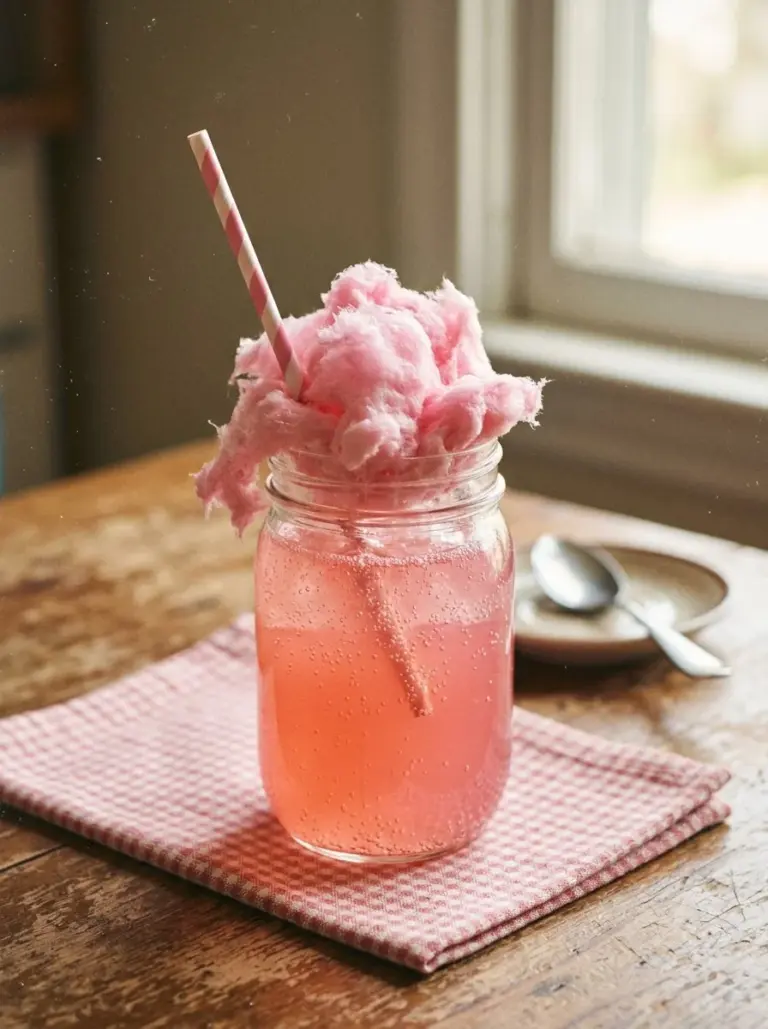 Sparkling pink lemonade served with cotton candy garnish in a glass