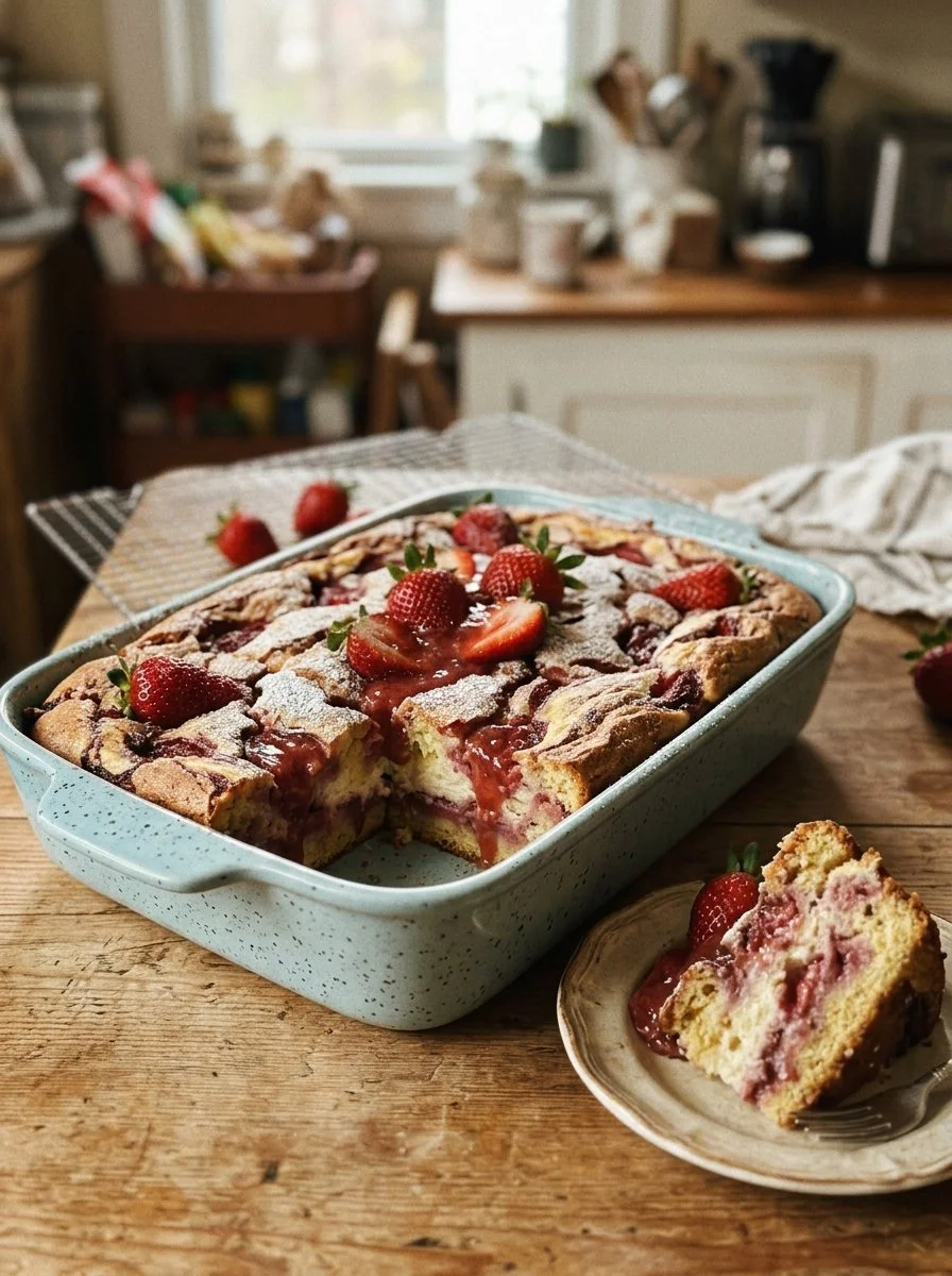 Slice of Strawberry Earthquake Cake topped with strawberries and cream.