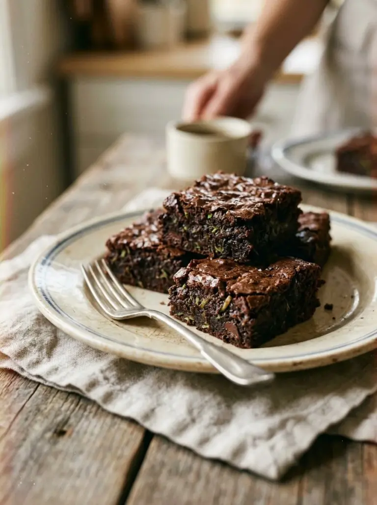 Delicious homemade zucchini brownies on a plate with chocolate drizzle.